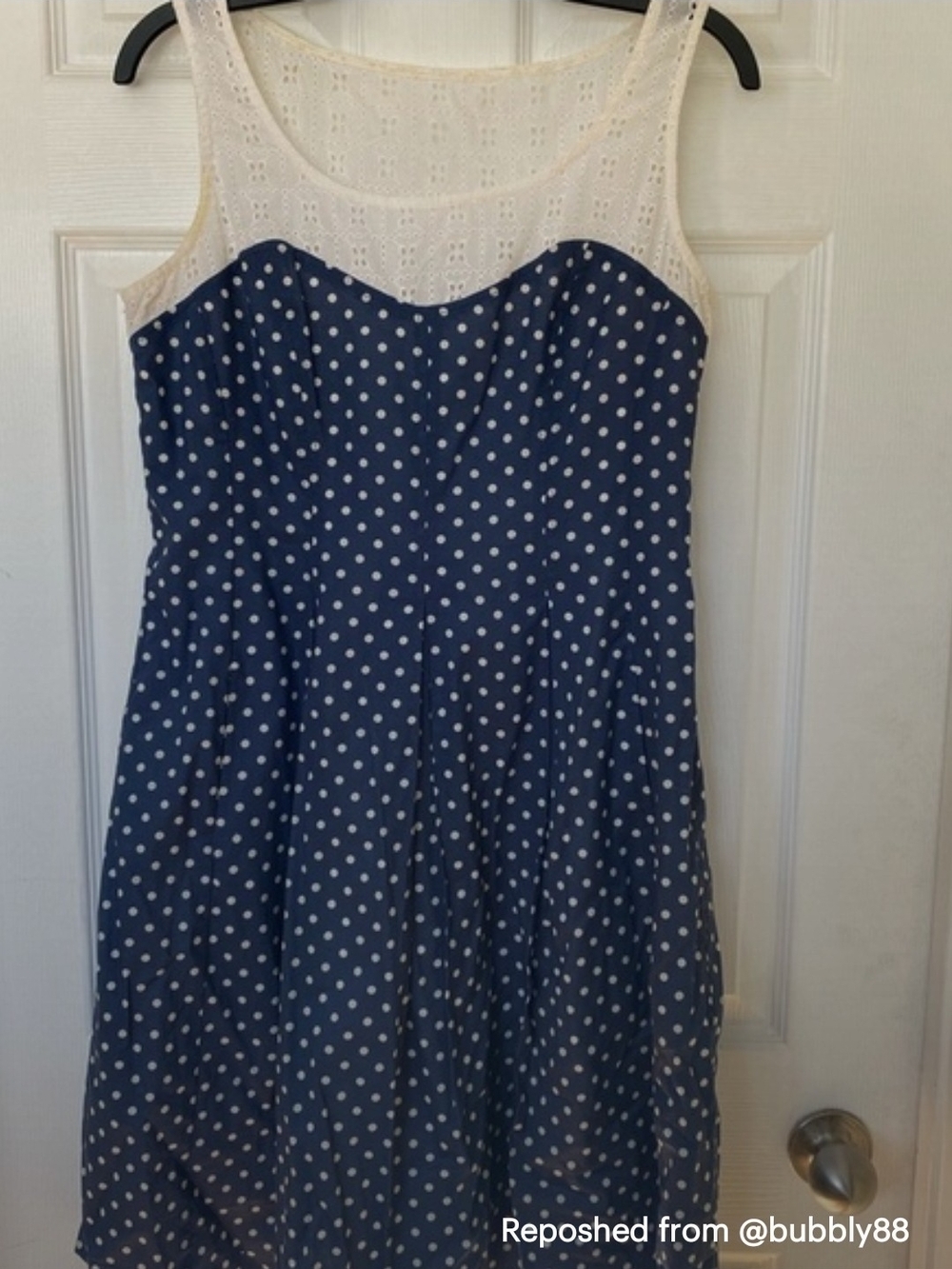 Nine West Navy Polka Dot Dress with Cream Lace Yoke